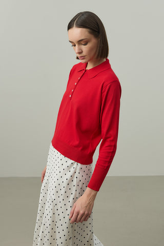 Uzun Kollu Polo Yaka Triko Kırmızı