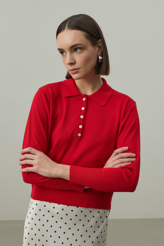 Uzun Kollu Polo Yaka Triko Kırmızı