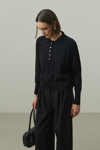 Uzun Kollu Polo Yaka Triko Siyah