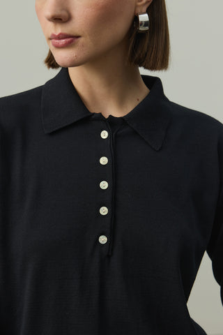 Uzun Kollu Polo Yaka Triko Siyah