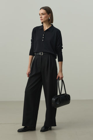 Uzun Kollu Polo Yaka Triko Siyah