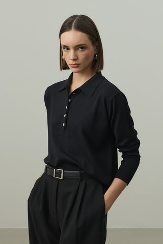 Uzun Kollu Polo Yaka Triko Siyah