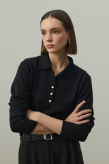 Uzun Kollu Polo Yaka Triko Siyah