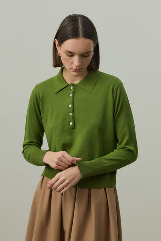 Uzun Kollu Polo Yaka Triko Yağ Yeşili