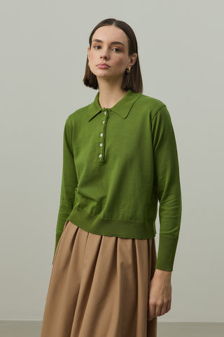 Uzun Kollu Polo Yaka Triko Yağ Yeşili