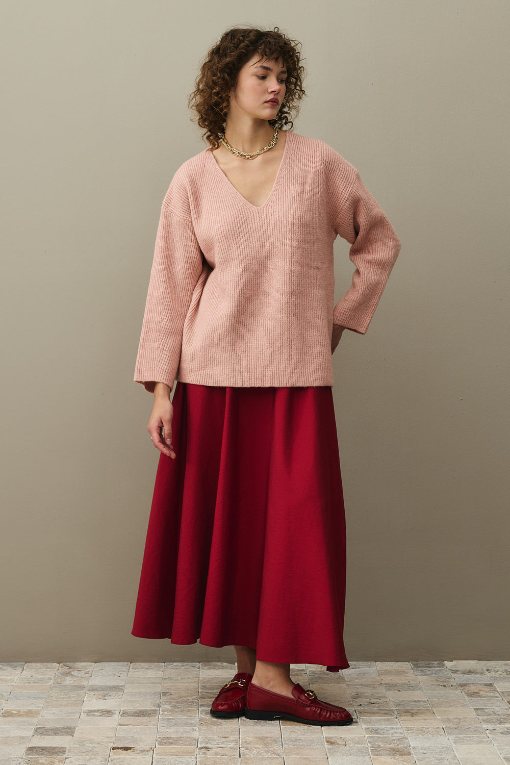 V Yaka Basic Triko Kazak Pembe