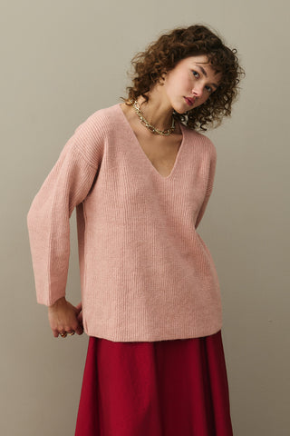 V Yaka Basic Triko Kazak Pembe