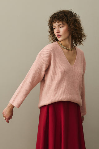 V Yaka Basic Triko Kazak Pembe