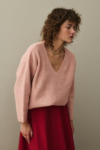 V Yaka Basic Triko Kazak Pembe