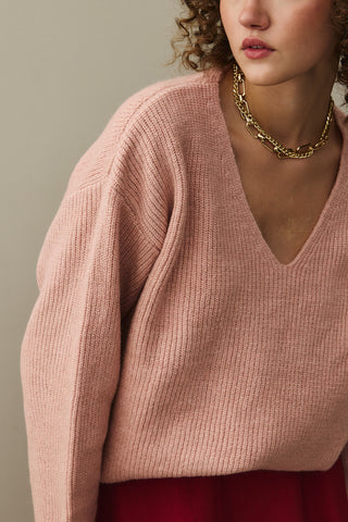 V Yaka Basic Triko Kazak Pembe