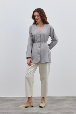 V-Neck Striped Women's Jacket Light Gray