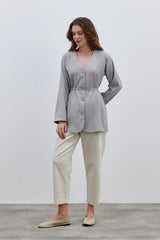 V Yaka Çizgili Kadın Ceket Açık Gri