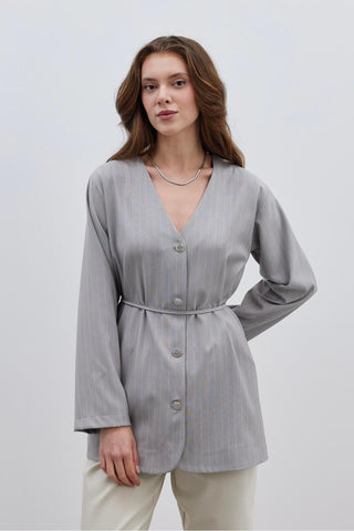 V Yaka Çizgili Kadın Ceket Açık Gri - Fahhar Design