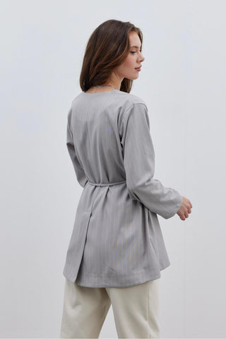 V Yaka Çizgili Kadın Ceket Açık Gri - Fahhar Design