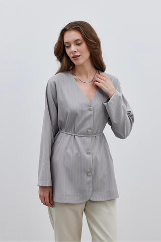 V Yaka Çizgili Kadın Ceket Açık Gri - Fahhar Design