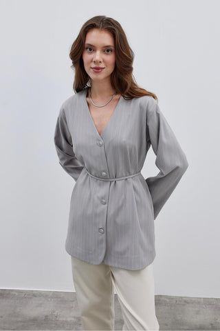 V Yaka Çizgili Kadın Ceket Açık Gri - Fahhar Design