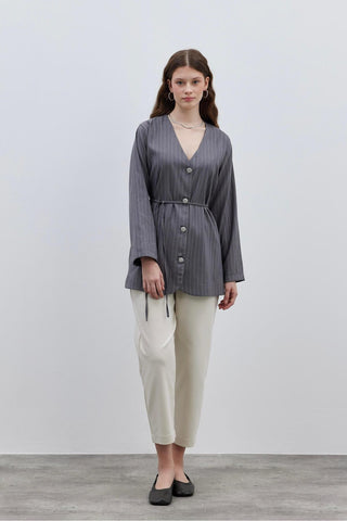 V-Neck Striped Women's Jacket Dark Gray