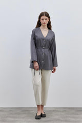 V Yaka Çizgili Kadın Ceket Koyu Gri