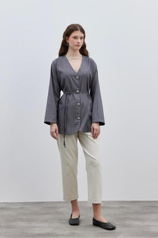 V Yaka Çizgili Kadın Ceket Koyu Gri - Fahhar Design