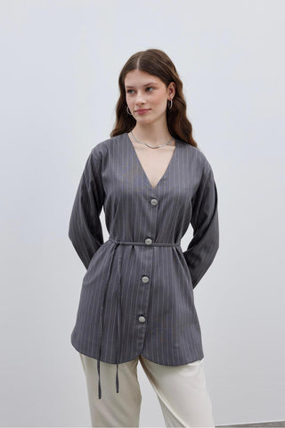 V Yaka Çizgili Kadın Ceket Koyu Gri - Fahhar Design