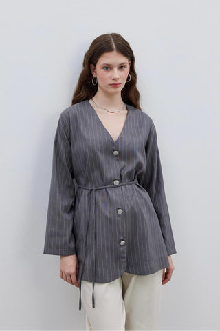 V Yaka Çizgili Kadın Ceket Koyu Gri - Fahhar Design