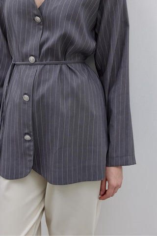 V Yaka Çizgili Kadın Ceket Koyu Gri - Fahhar Design