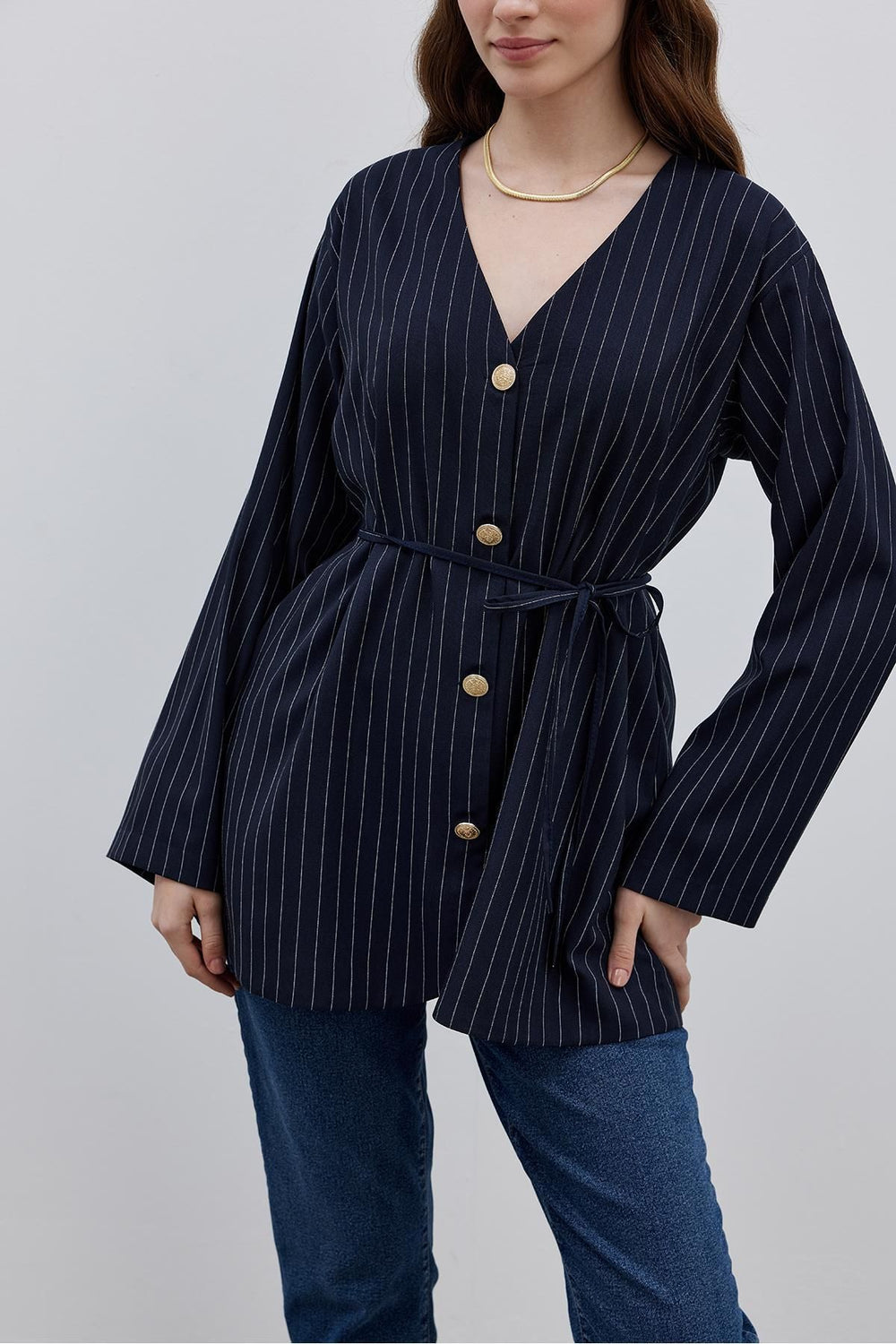 V-Neck Striped Women's Jacket Navy Blue