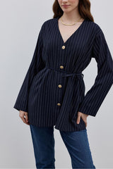 V Yaka Çizgili Kadın Ceket Lacivert
