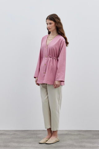 V-Neck Striped Women's Jacket Pink