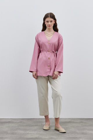 V Yaka Çizgili Kadın Ceket Pembe - Fahhar Design