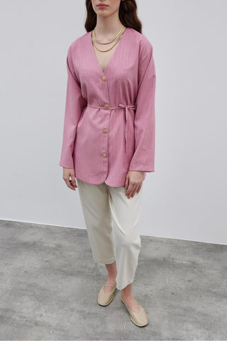 V Yaka Çizgili Kadın Ceket Pembe - Fahhar Design