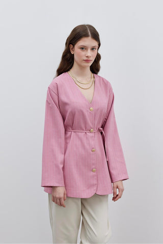V Yaka Çizgili Kadın Ceket Pembe - Fahhar Design