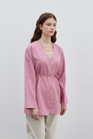 V Yaka Çizgili Kadın Ceket Pembe - Fahhar Design