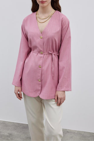 V Yaka Çizgili Kadın Ceket Pembe - Fahhar Design