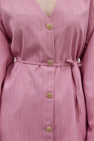 V Yaka Çizgili Kadın Ceket Pembe - Fahhar Design