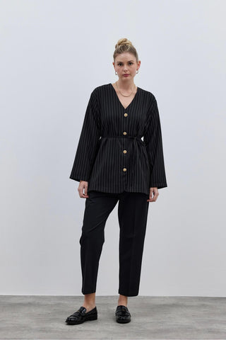 V-Neck Striped Women's Jacket Black