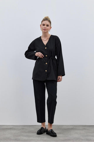 V Yaka Çizgili Kadın Ceket Siyah - Fahhar Design