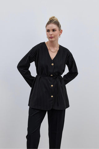 V Yaka Çizgili Kadın Ceket Siyah - Fahhar Design