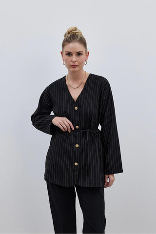 V Yaka Çizgili Kadın Ceket Siyah - Fahhar Design