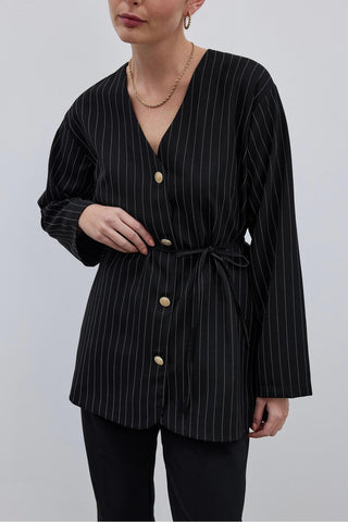 V Yaka Çizgili Kadın Ceket Siyah - Fahhar Design