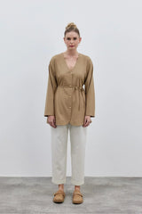 V Yaka Kadın Ceket Camel