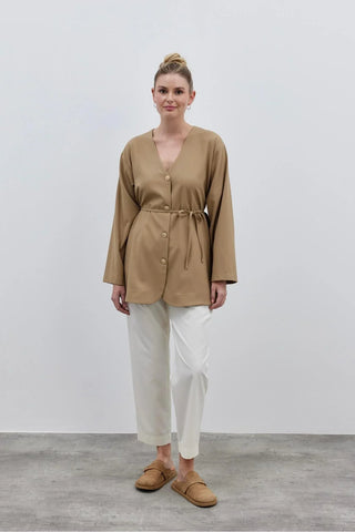V Yaka Kadın Ceket Camel - Fahhar Design