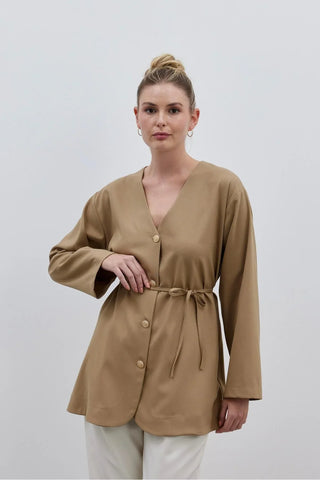 V Yaka Kadın Ceket Camel - Fahhar Design