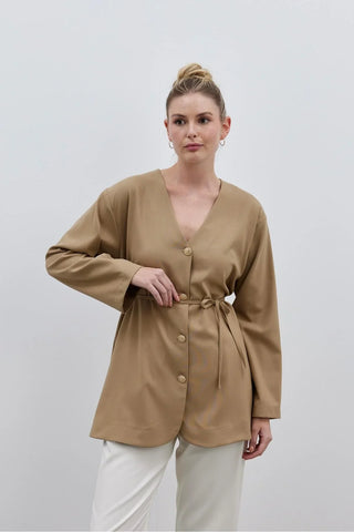 V Yaka Kadın Ceket Camel - Fahhar Design