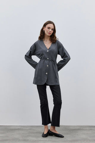 V Yaka Kadın Ceket Gri - Fahhar Design
