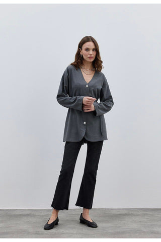 V Yaka Kadın Ceket Gri - Fahhar Design