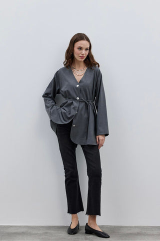V Yaka Kadın Ceket Gri - Fahhar Design