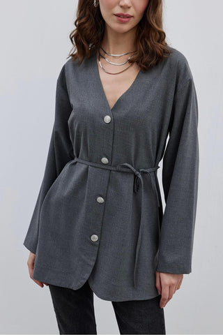 V Yaka Kadın Ceket Gri - Fahhar Design