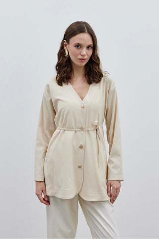 V Yaka Kadın Ceket Krem - Fahhar Design