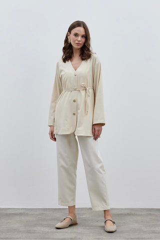 V Yaka Kadın Ceket Krem - Fahhar Design